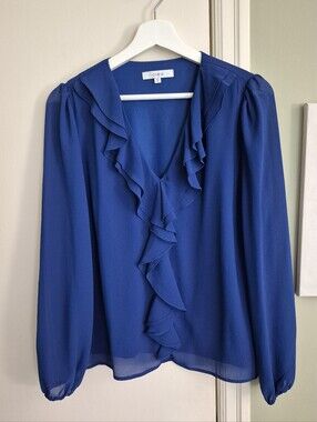 NWOT Women's Cobalt V-neck Lined Ruffle Blouse, XS-S (Fits Like S)